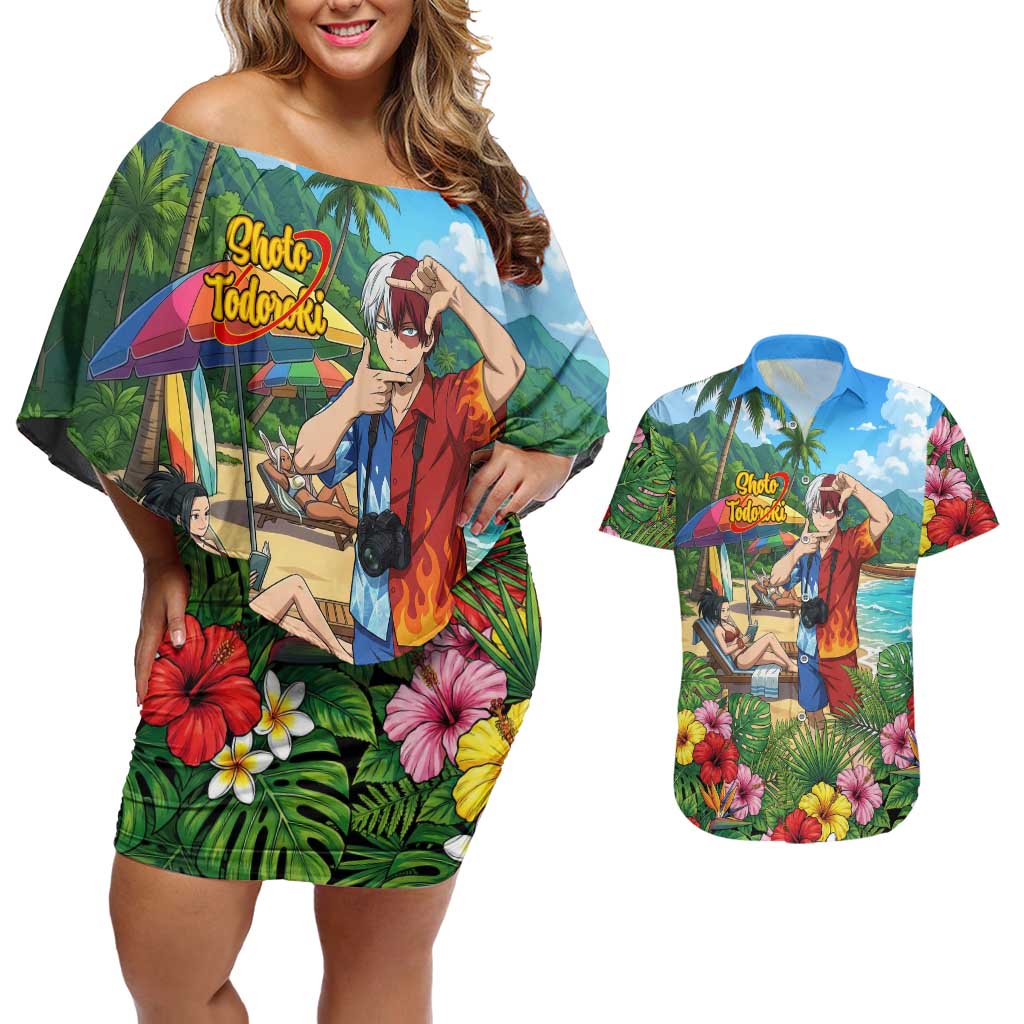 Shoto Todoroki Summer Chill Couples Matching Off Shoulder Short Dress and Hawaiian Shirt Tropical Anime Leisure Scene