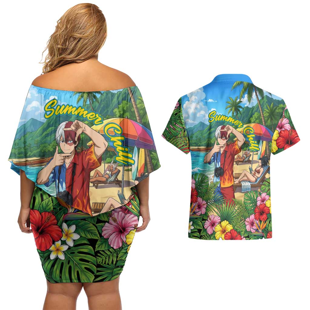 Shoto Todoroki Summer Chill Couples Matching Off Shoulder Short Dress and Hawaiian Shirt Tropical Anime Leisure Scene