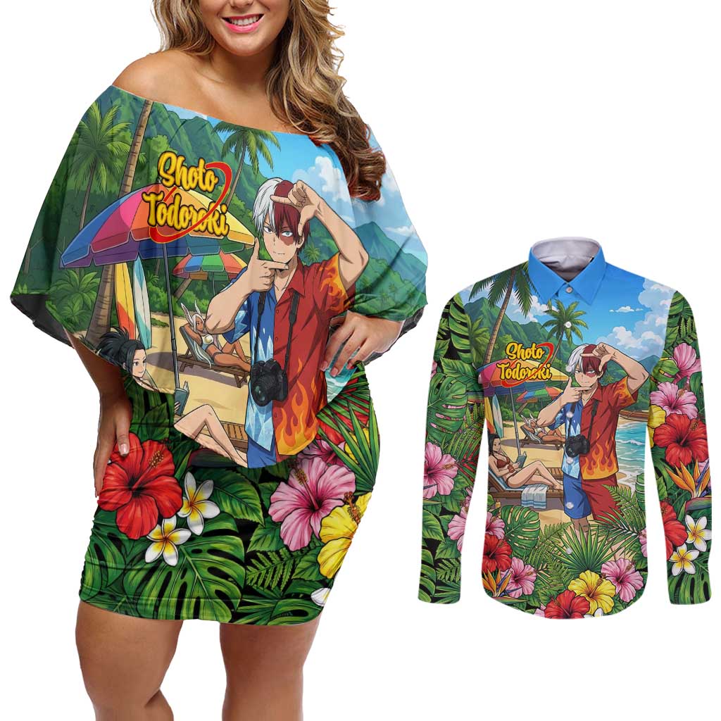 Shoto Todoroki Summer Chill Couples Matching Off Shoulder Short Dress and Long Sleeve Button Shirt Tropical Anime Leisure Scene
