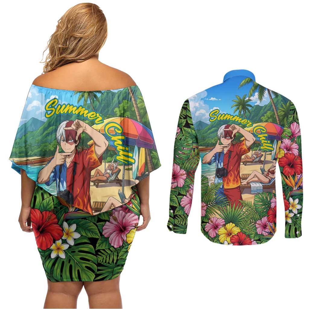 Shoto Todoroki Summer Chill Couples Matching Off Shoulder Short Dress and Long Sleeve Button Shirt Tropical Anime Leisure Scene