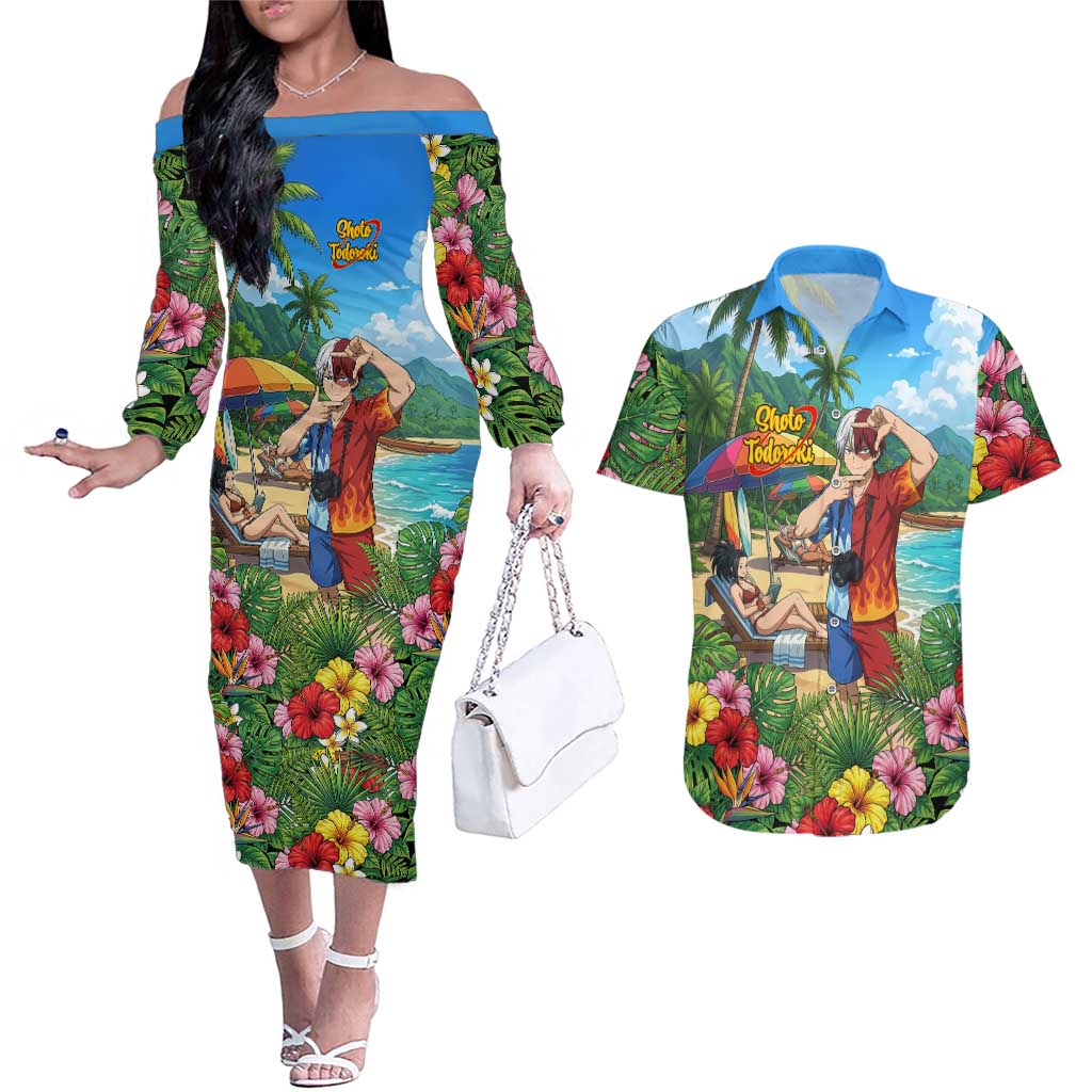 Shoto Todoroki Summer Chill Couples Matching Off The Shoulder Long Sleeve Dress and Hawaiian Shirt Tropical Anime Leisure Scene