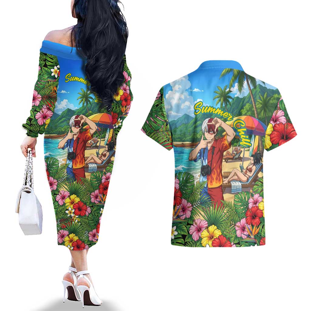 Shoto Todoroki Summer Chill Couples Matching Off The Shoulder Long Sleeve Dress and Hawaiian Shirt Tropical Anime Leisure Scene