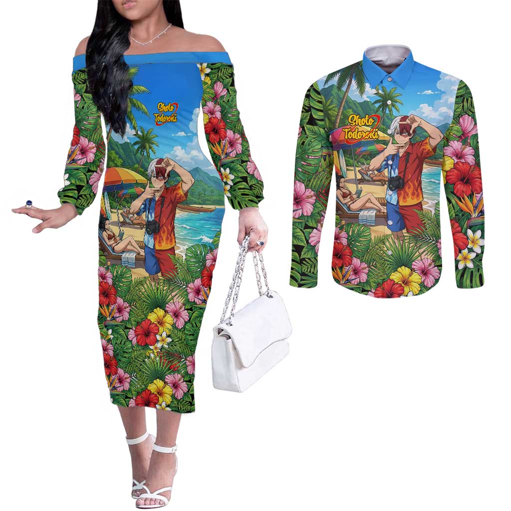 Shoto Todoroki Summer Chill Couples Matching Off The Shoulder Long Sleeve Dress and Long Sleeve Button Shirt Tropical Anime Leisure Scene