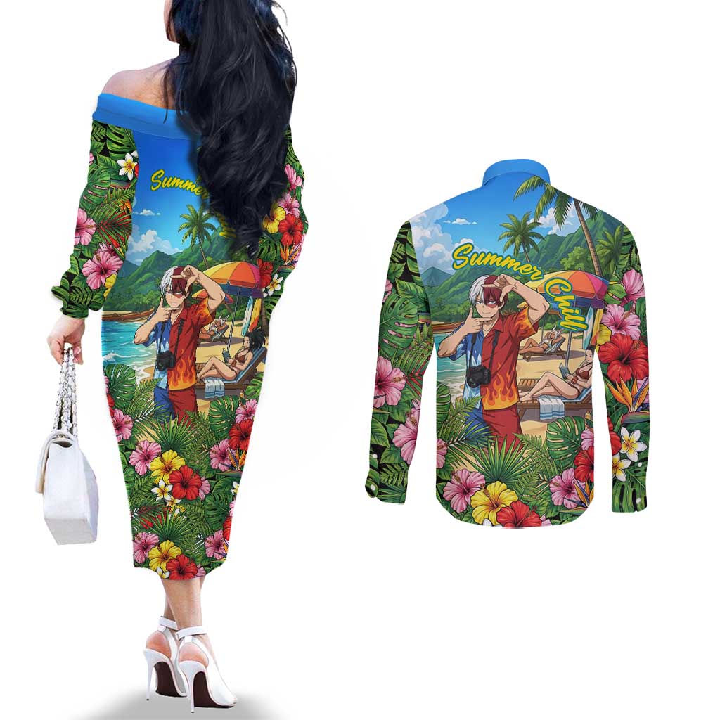 Shoto Todoroki Summer Chill Couples Matching Off The Shoulder Long Sleeve Dress and Long Sleeve Button Shirt Tropical Anime Leisure Scene