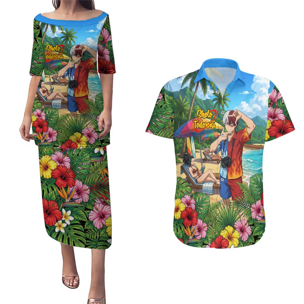Shoto Todoroki Summer Chill Couples Matching Puletasi and Hawaiian Shirt Tropical Anime Leisure Scene