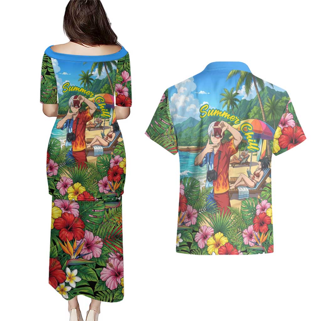 Shoto Todoroki Summer Chill Couples Matching Puletasi and Hawaiian Shirt Tropical Anime Leisure Scene