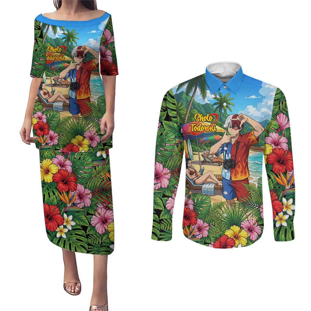 Shoto Todoroki Summer Chill Couples Matching Puletasi and Long Sleeve Button Shirt Tropical Anime Leisure Scene