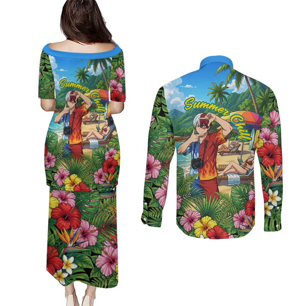 Shoto Todoroki Summer Chill Couples Matching Puletasi and Long Sleeve Button Shirt Tropical Anime Leisure Scene