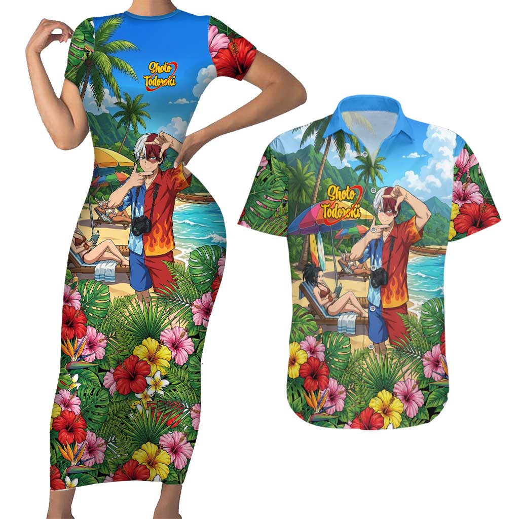 Shoto Todoroki Summer Chill Couples Matching Short Sleeve Bodycon Dress and Hawaiian Shirt Tropical Anime Leisure Scene