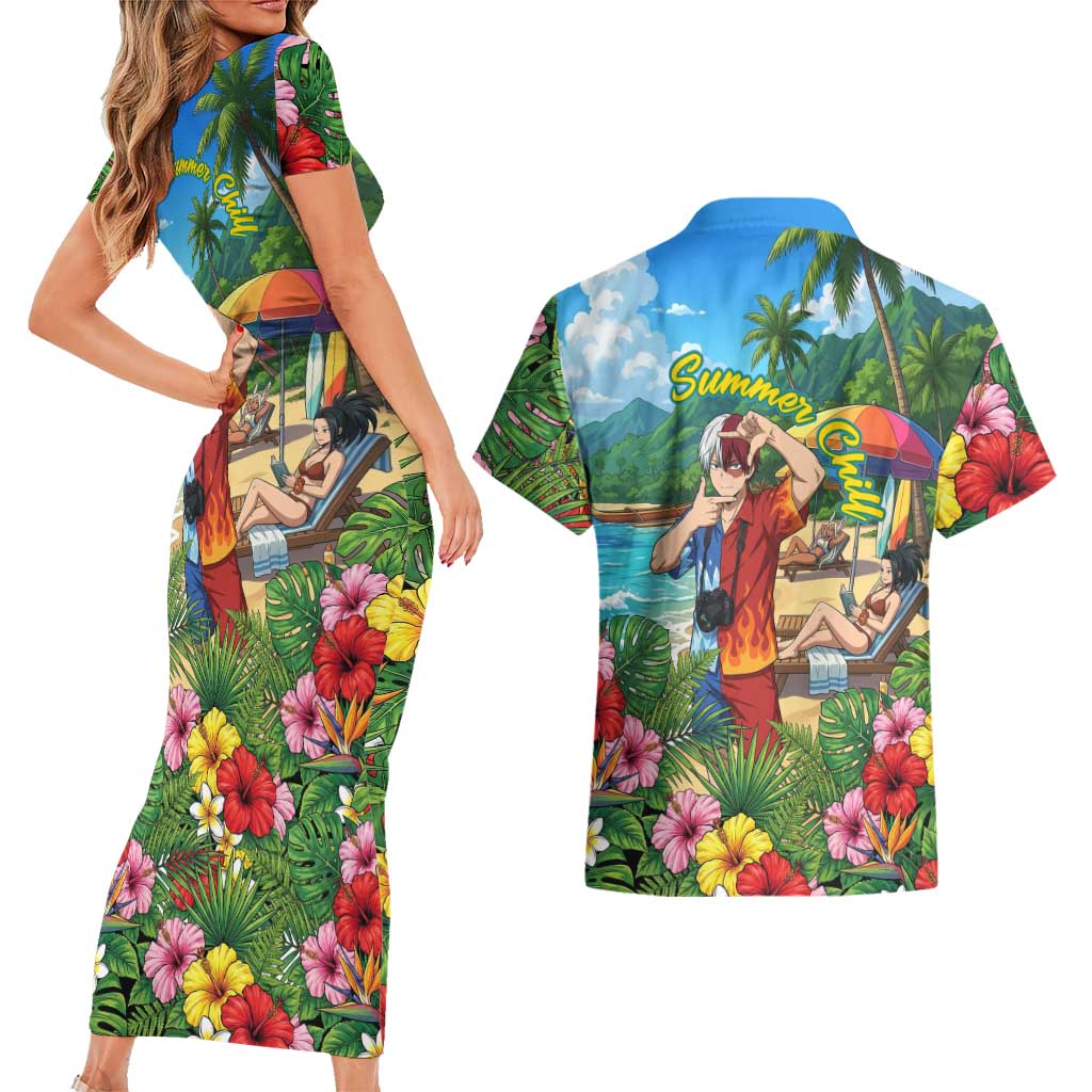 Shoto Todoroki Summer Chill Couples Matching Short Sleeve Bodycon Dress and Hawaiian Shirt Tropical Anime Leisure Scene