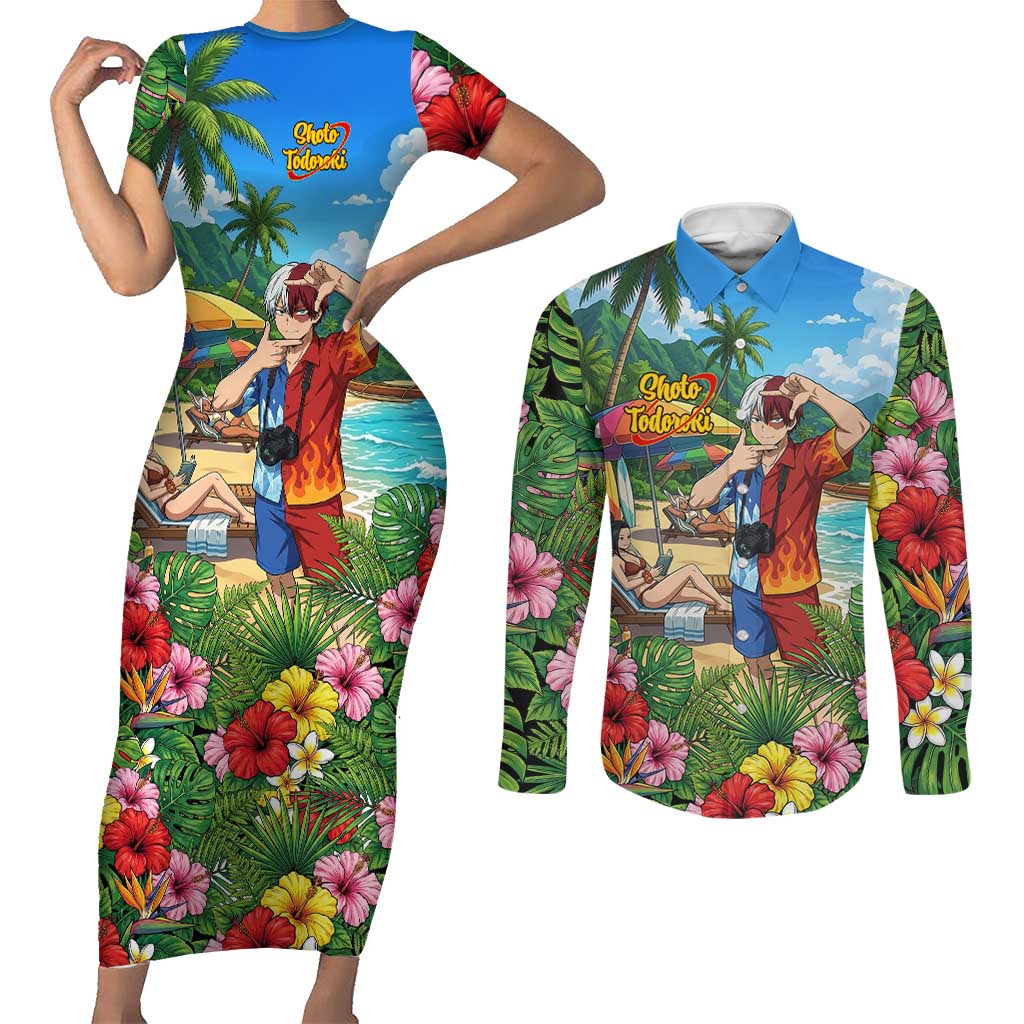 Shoto Todoroki Summer Chill Couples Matching Short Sleeve Bodycon Dress and Long Sleeve Button Shirt Tropical Anime Leisure Scene