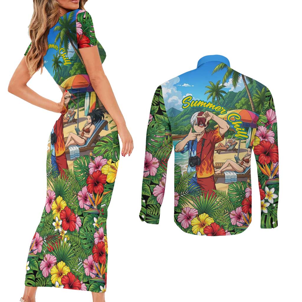 Shoto Todoroki Summer Chill Couples Matching Short Sleeve Bodycon Dress and Long Sleeve Button Shirt Tropical Anime Leisure Scene