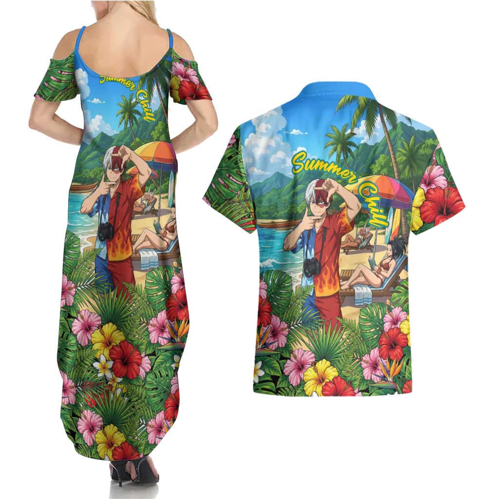 Shoto Todoroki Summer Chill Couples Matching Summer Maxi Dress and Hawaiian Shirt Tropical Anime Leisure Scene
