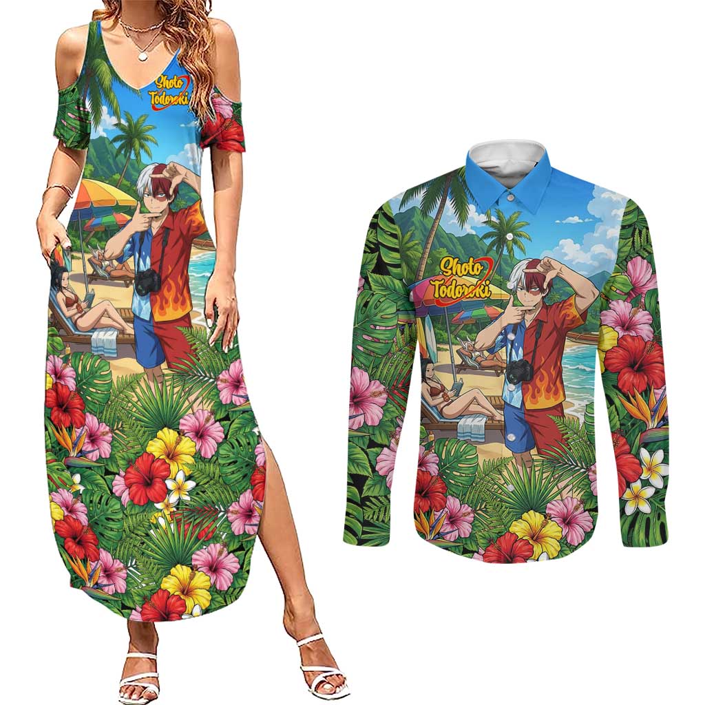 Shoto Todoroki Summer Chill Couples Matching Summer Maxi Dress and Long Sleeve Button Shirt Tropical Anime Leisure Scene