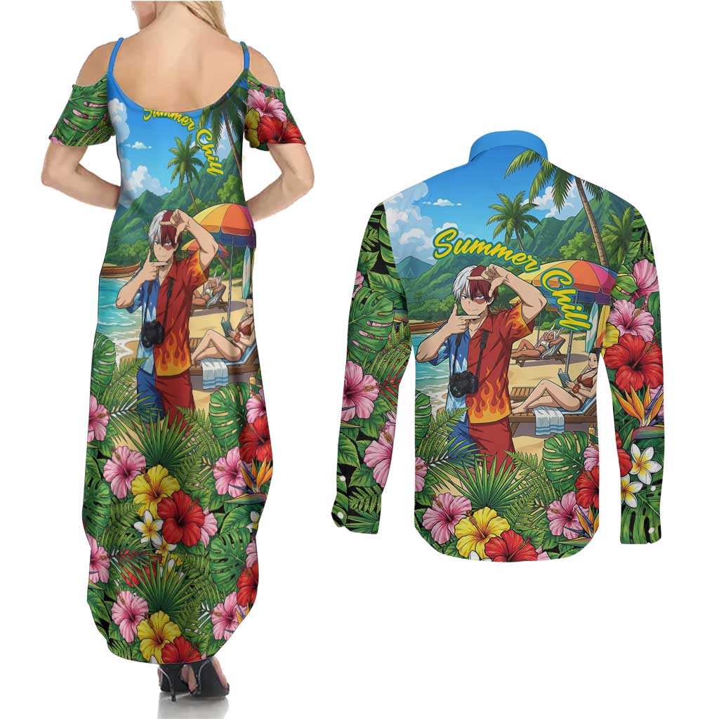Shoto Todoroki Summer Chill Couples Matching Summer Maxi Dress and Long Sleeve Button Shirt Tropical Anime Leisure Scene