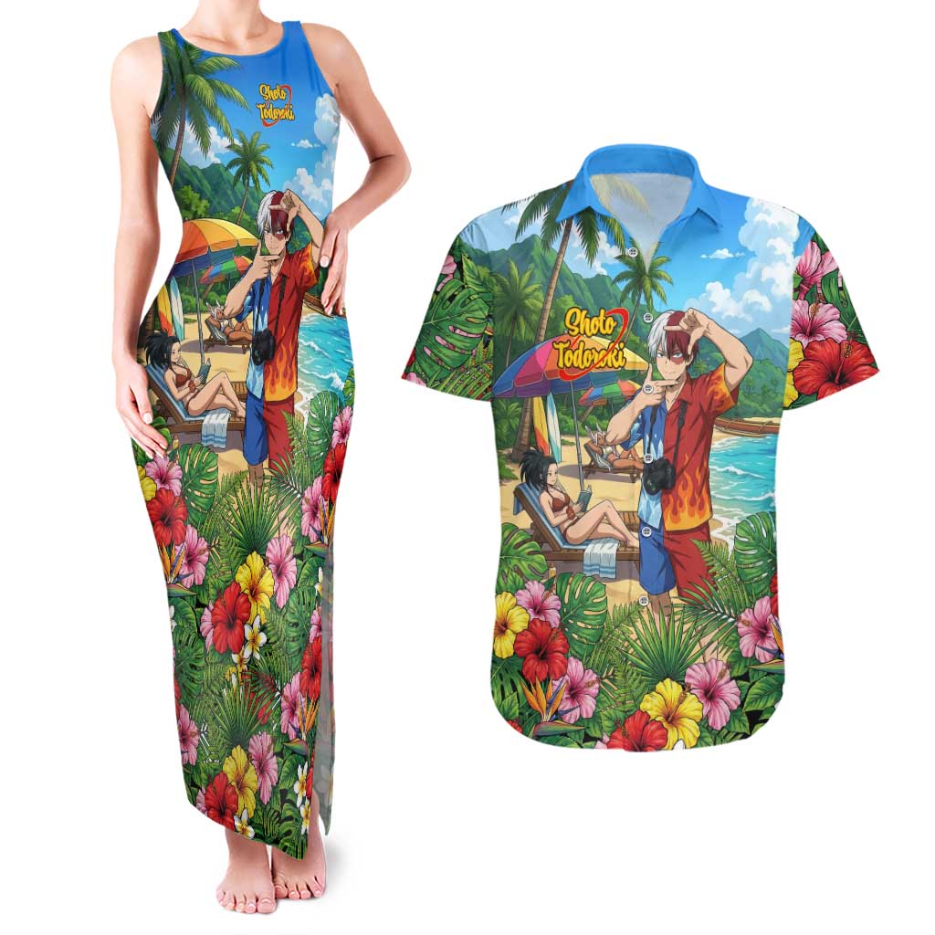 Shoto Todoroki Summer Chill Couples Matching Tank Maxi Dress and Hawaiian Shirt Tropical Anime Leisure Scene