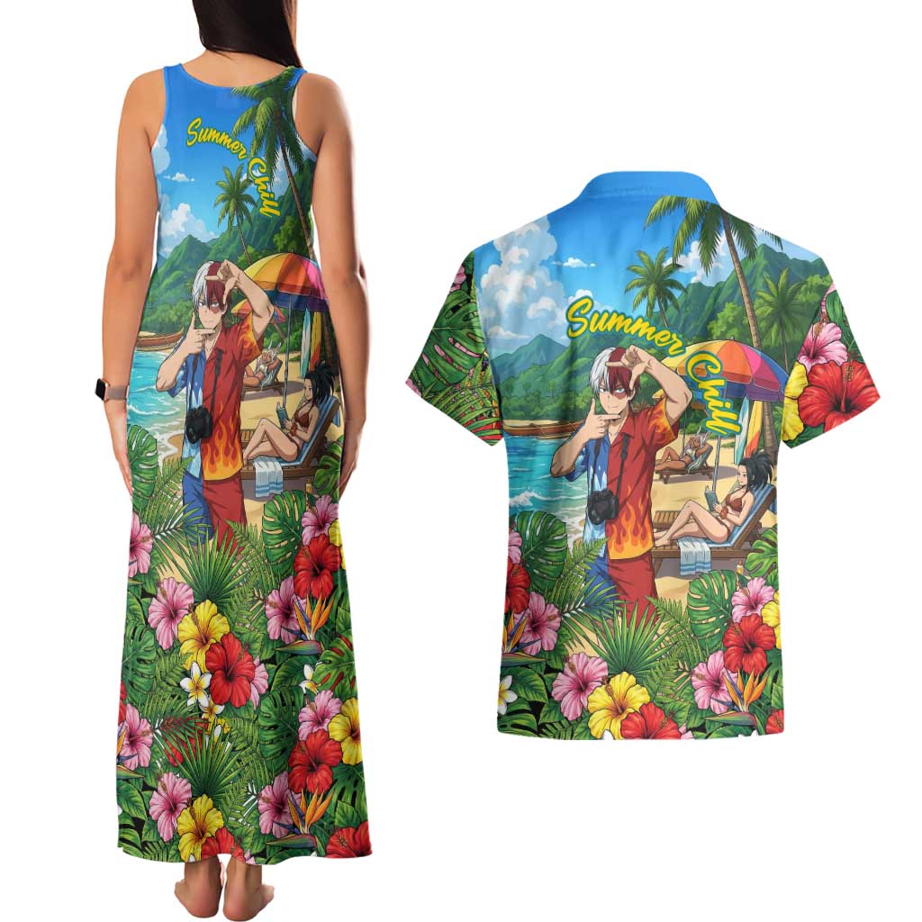 Shoto Todoroki Summer Chill Couples Matching Tank Maxi Dress and Hawaiian Shirt Tropical Anime Leisure Scene