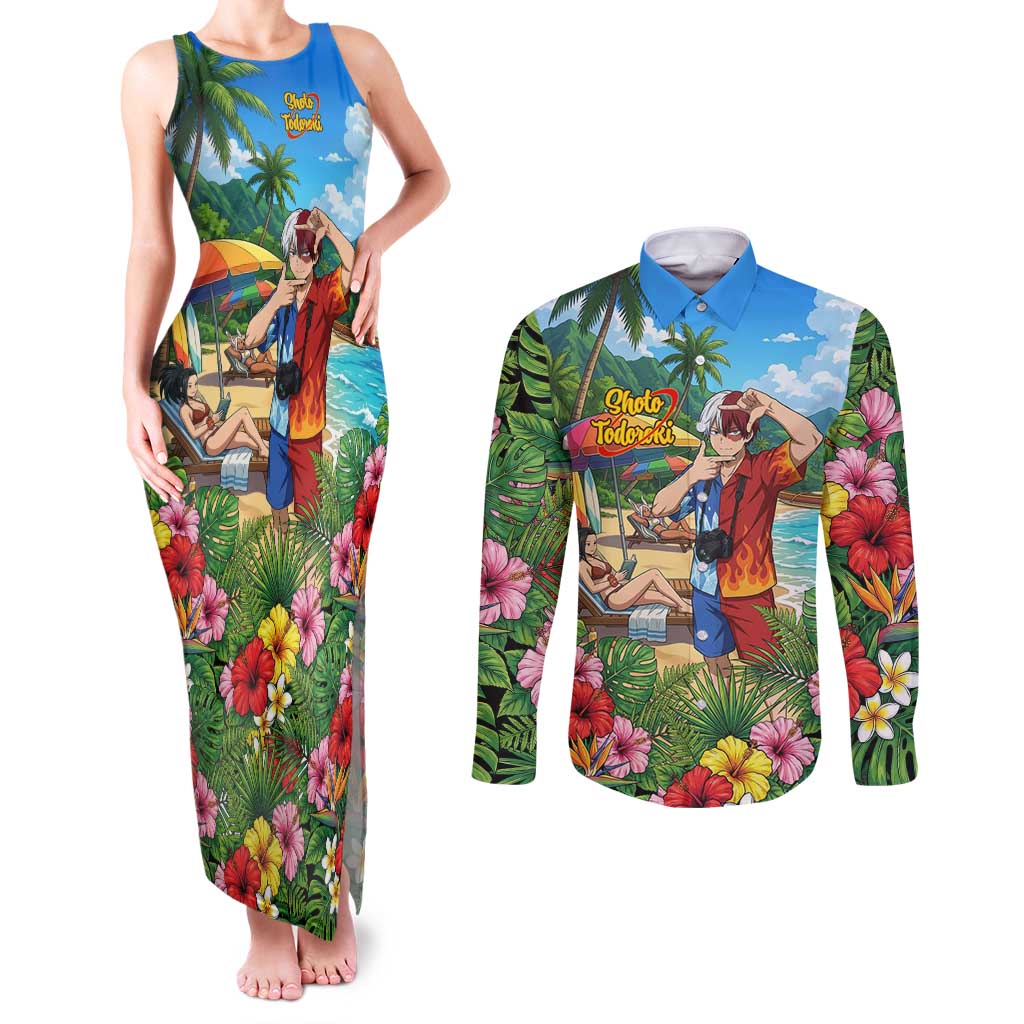Shoto Todoroki Summer Chill Couples Matching Tank Maxi Dress and Long Sleeve Button Shirt Tropical Anime Leisure Scene