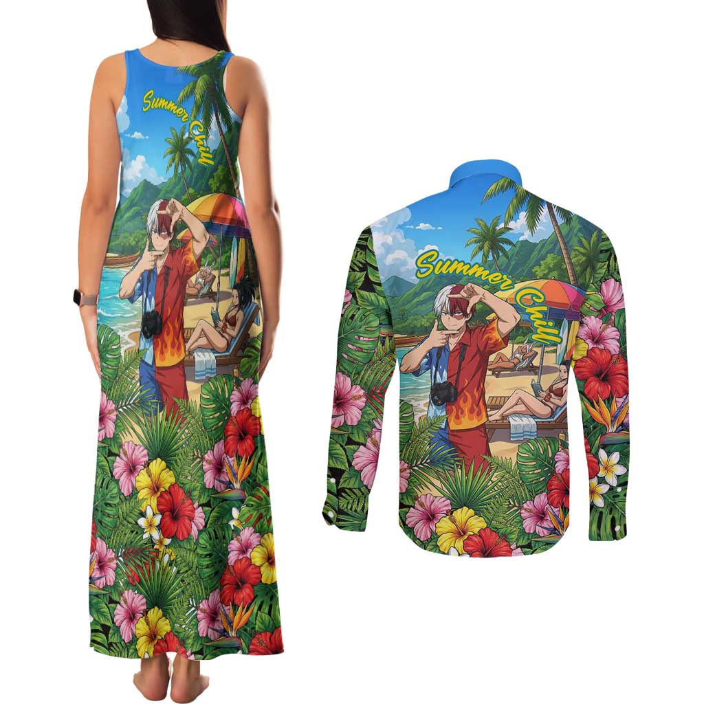 Shoto Todoroki Summer Chill Couples Matching Tank Maxi Dress and Long Sleeve Button Shirt Tropical Anime Leisure Scene