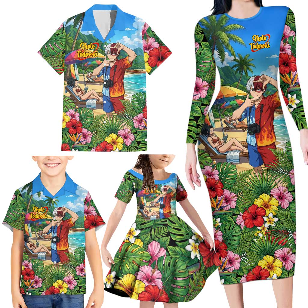 Shoto Todoroki Summer Chill Family Matching Long Sleeve Bodycon Dress and Hawaiian Shirt Tropical Anime Leisure Scene