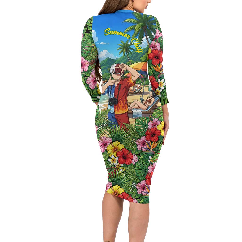 Shoto Todoroki Summer Chill Family Matching Long Sleeve Bodycon Dress and Hawaiian Shirt Tropical Anime Leisure Scene
