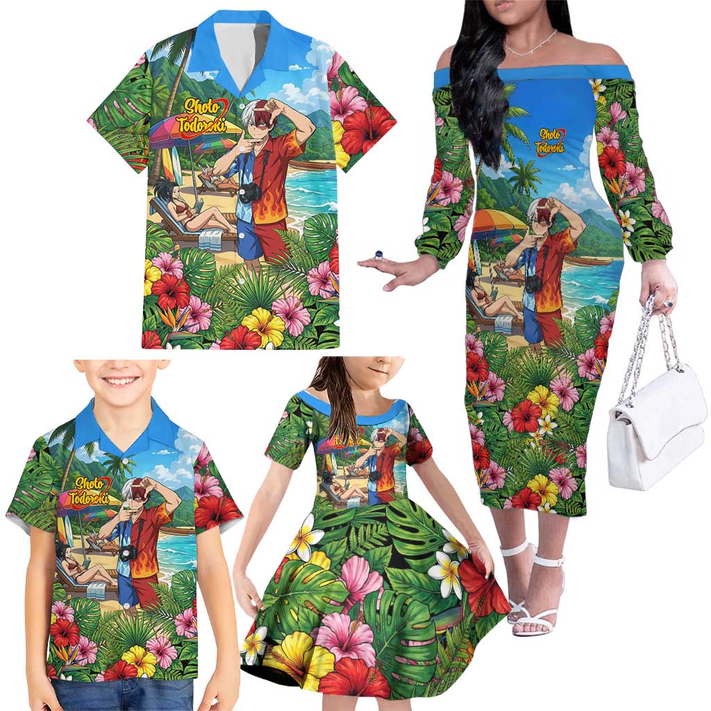 Shoto Todoroki Summer Chill Family Matching Off The Shoulder Long Sleeve Dress and Hawaiian Shirt Tropical Anime Leisure Scene