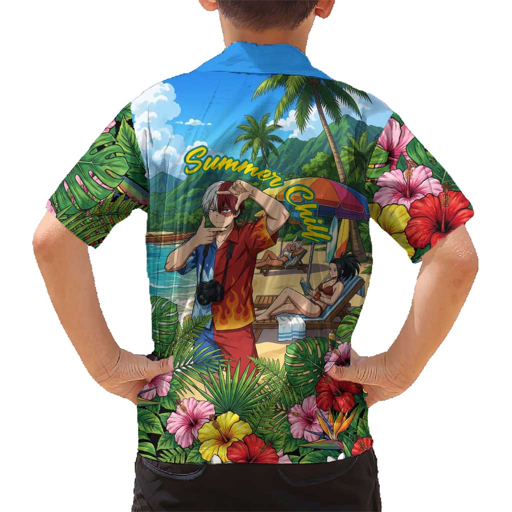 Shoto Todoroki Summer Chill Family Matching Off The Shoulder Long Sleeve Dress and Hawaiian Shirt Tropical Anime Leisure Scene