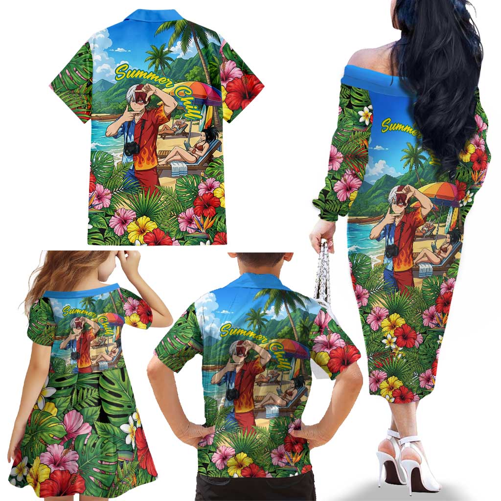 Shoto Todoroki Summer Chill Family Matching Off The Shoulder Long Sleeve Dress and Hawaiian Shirt Tropical Anime Leisure Scene
