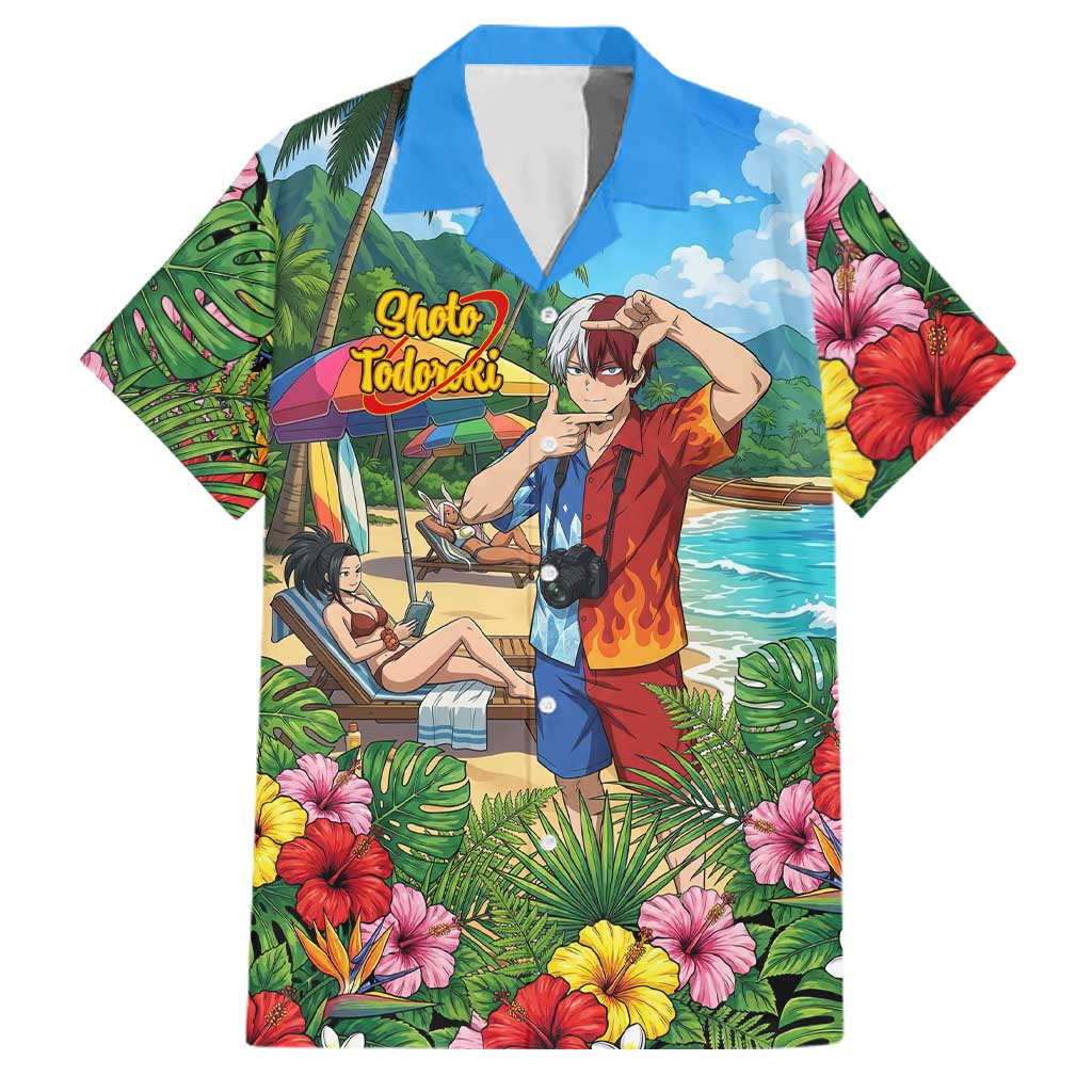 Shoto Todoroki Summer Chill Family Matching Off The Shoulder Long Sleeve Dress and Hawaiian Shirt Tropical Anime Leisure Scene