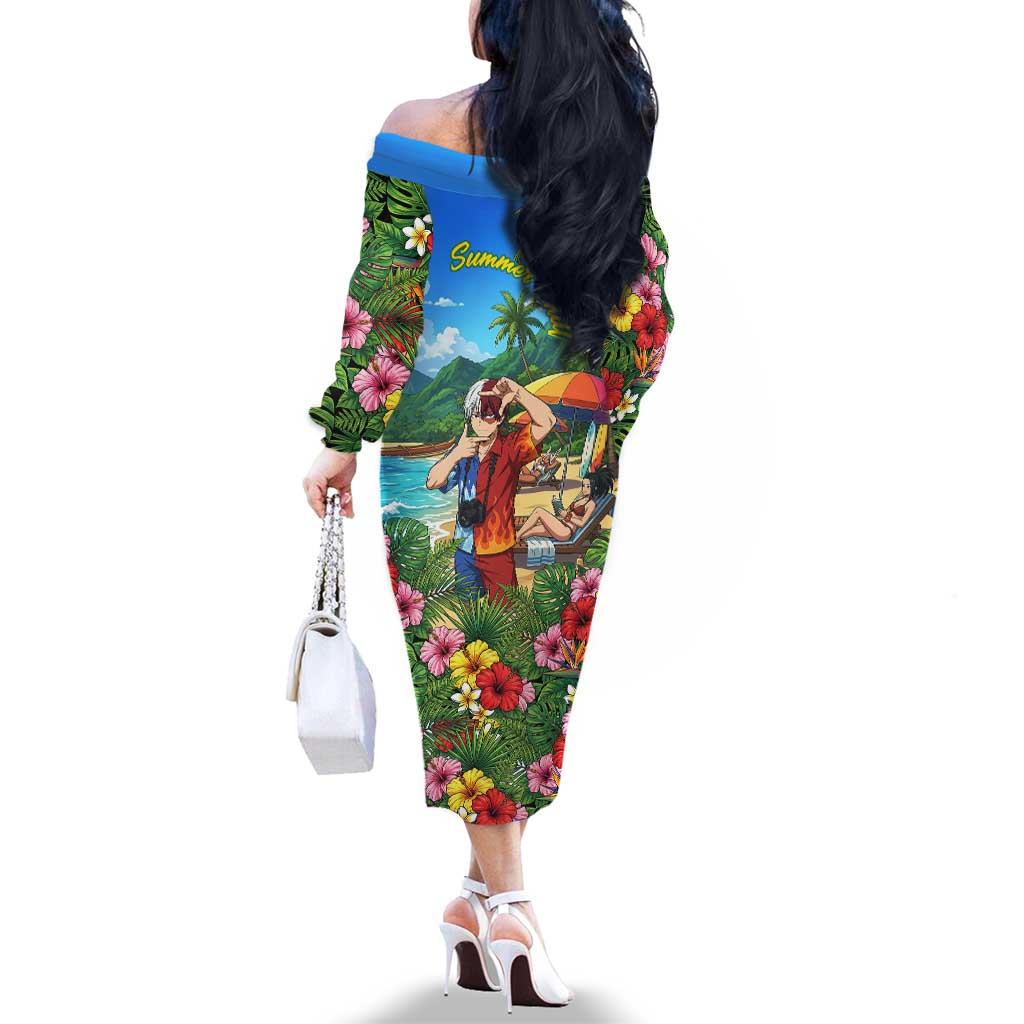 Shoto Todoroki Summer Chill Family Matching Off The Shoulder Long Sleeve Dress and Hawaiian Shirt Tropical Anime Leisure Scene
