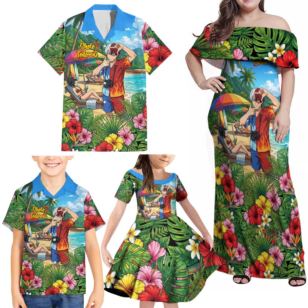 Shoto Todoroki Summer Chill Family Matching Off Shoulder Maxi Dress and Hawaiian Shirt Tropical Anime Leisure Scene