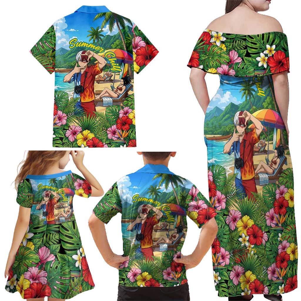 Shoto Todoroki Summer Chill Family Matching Off Shoulder Maxi Dress and Hawaiian Shirt Tropical Anime Leisure Scene