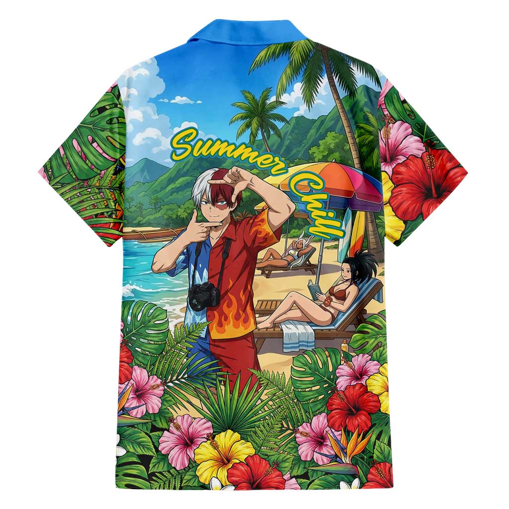 Shoto Todoroki Summer Chill Family Matching Off Shoulder Maxi Dress and Hawaiian Shirt Tropical Anime Leisure Scene