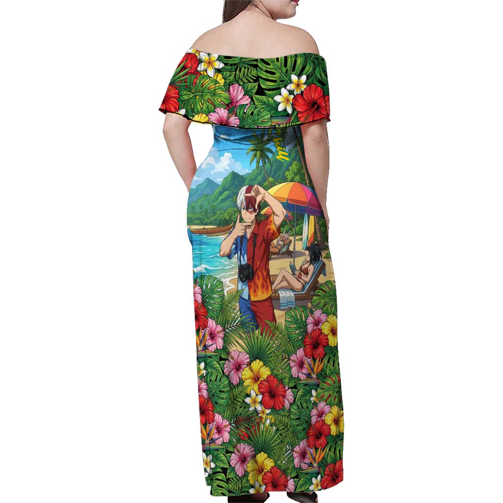 Shoto Todoroki Summer Chill Family Matching Off Shoulder Maxi Dress and Hawaiian Shirt Tropical Anime Leisure Scene
