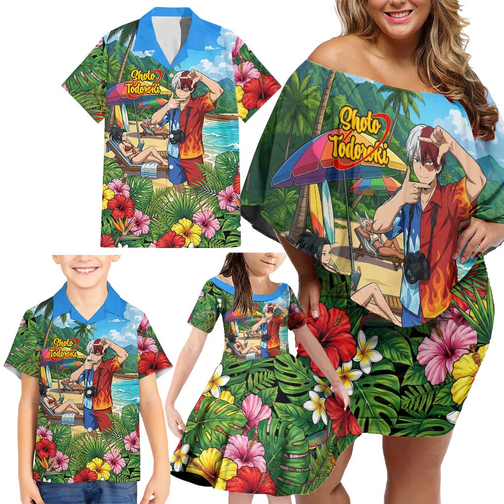 Shoto Todoroki Summer Chill Family Matching Off Shoulder Short Dress and Hawaiian Shirt Tropical Anime Leisure Scene