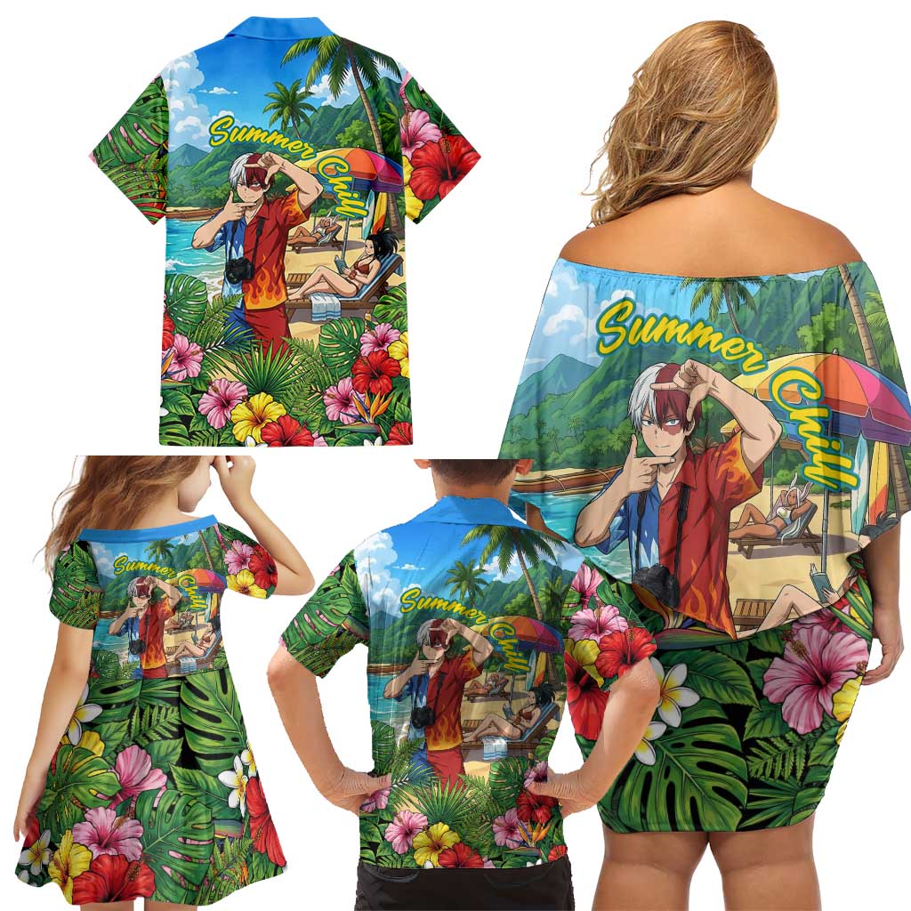 Shoto Todoroki Summer Chill Family Matching Off Shoulder Short Dress and Hawaiian Shirt Tropical Anime Leisure Scene