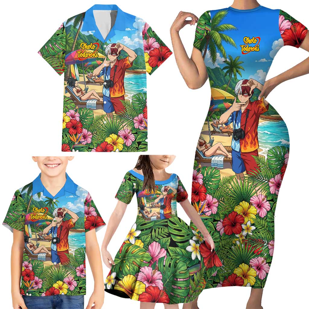 Shoto Todoroki Summer Chill Family Matching Short Sleeve Bodycon Dress and Hawaiian Shirt Tropical Anime Leisure Scene