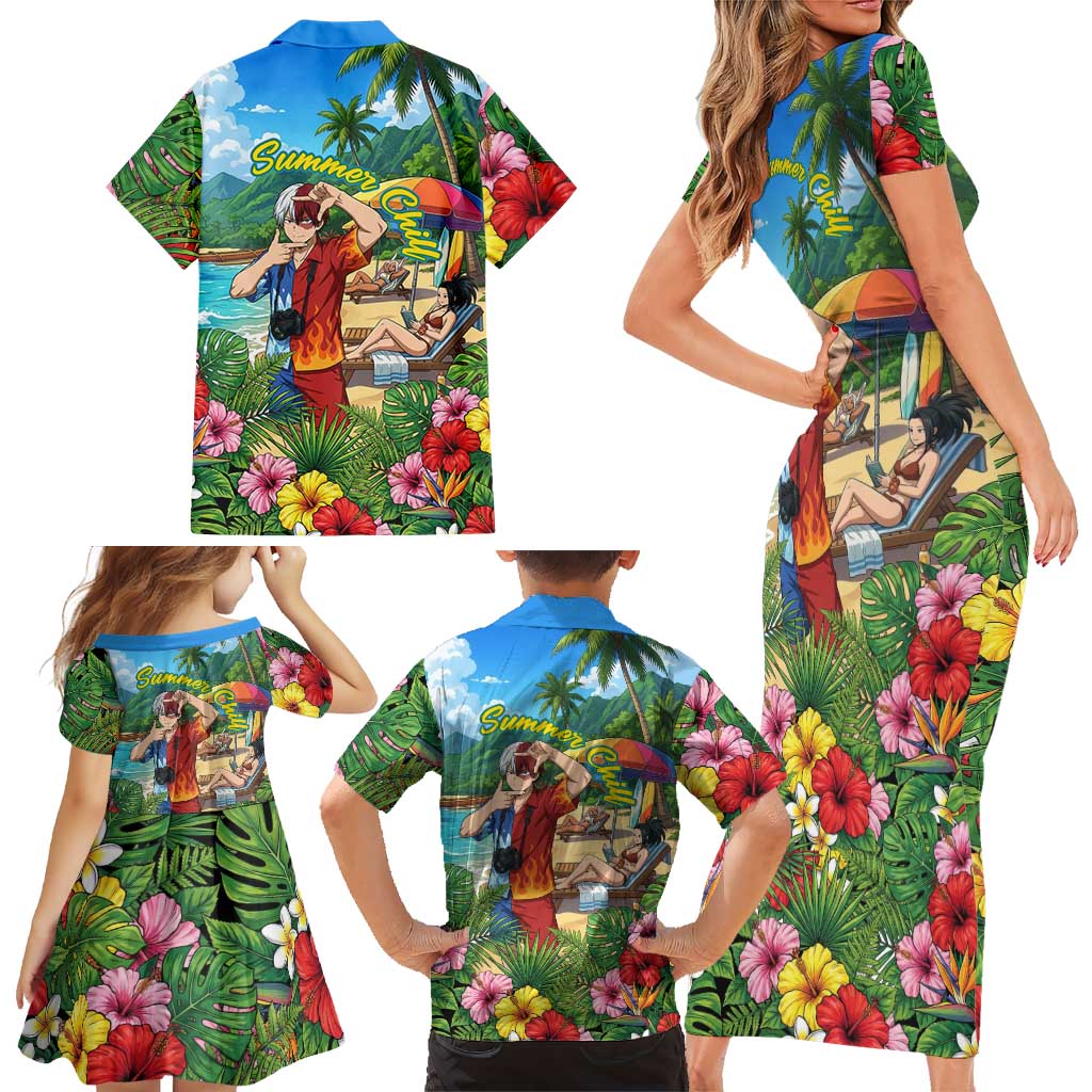 Shoto Todoroki Summer Chill Family Matching Short Sleeve Bodycon Dress and Hawaiian Shirt Tropical Anime Leisure Scene