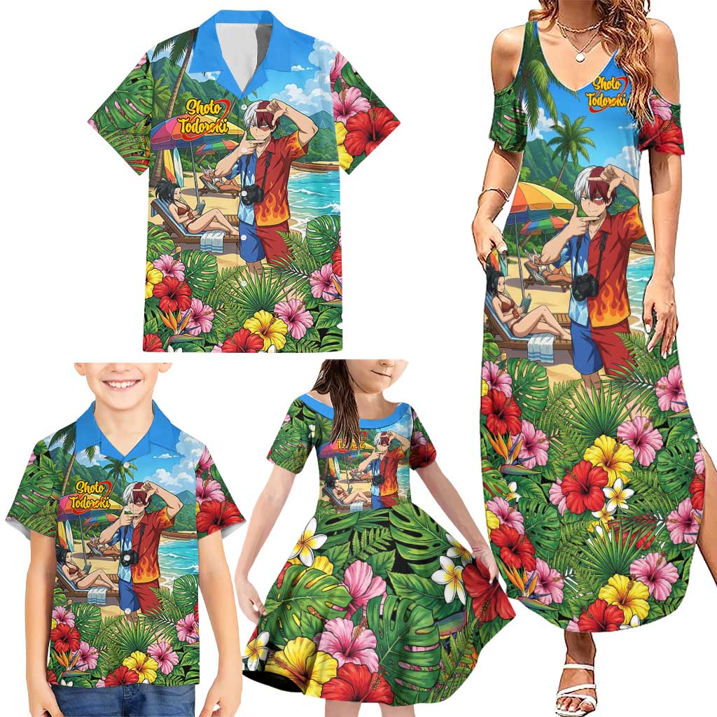 Shoto Todoroki Summer Chill Family Matching Summer Maxi Dress and Hawaiian Shirt Tropical Anime Leisure Scene