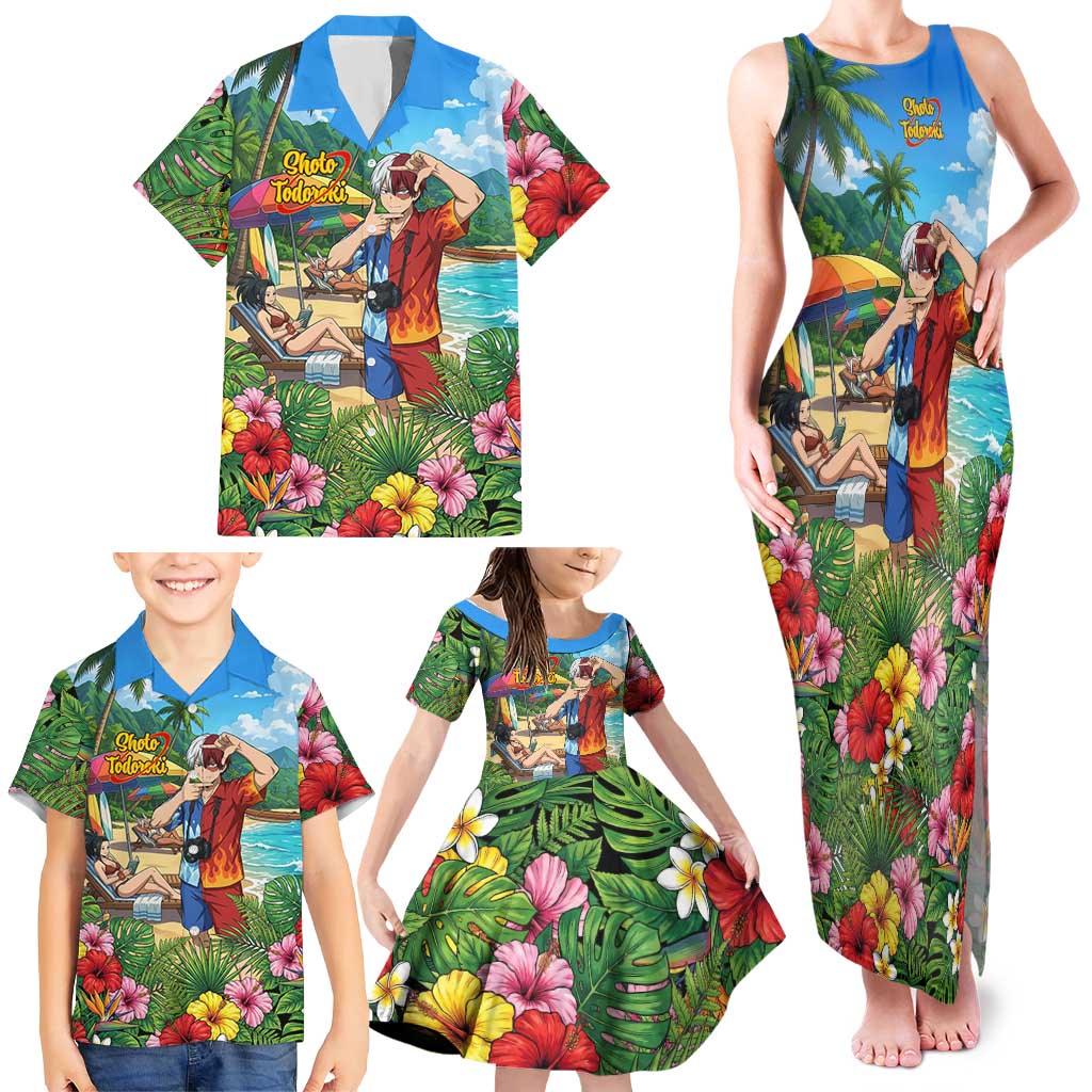 Shoto Todoroki Summer Chill Family Matching Tank Maxi Dress and Hawaiian Shirt Tropical Anime Leisure Scene