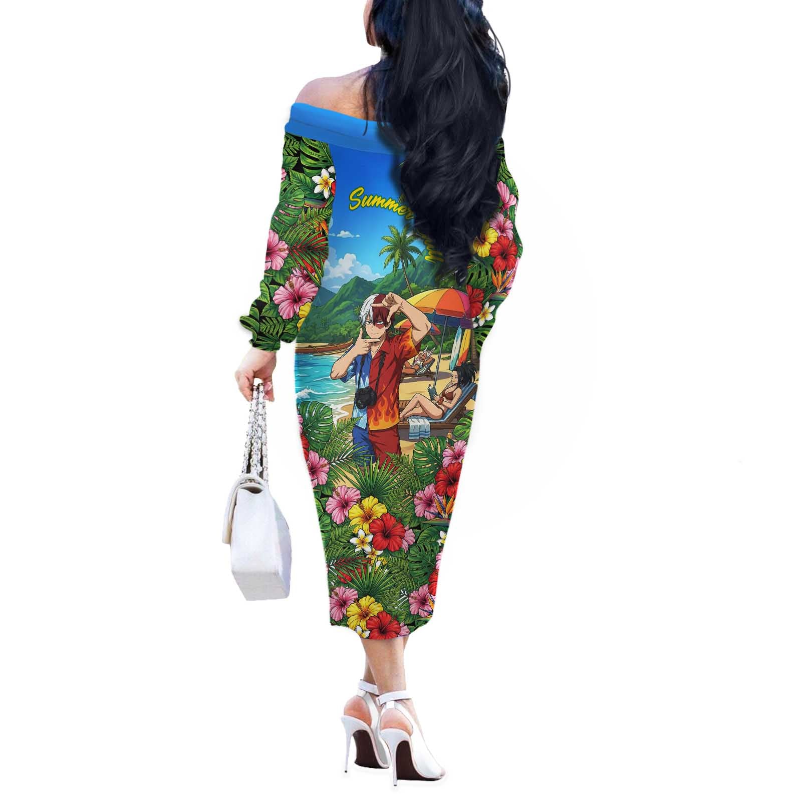 Shoto Todoroki Summer Chill Off The Shoulder Long Sleeve Dress Tropical Anime Leisure Scene