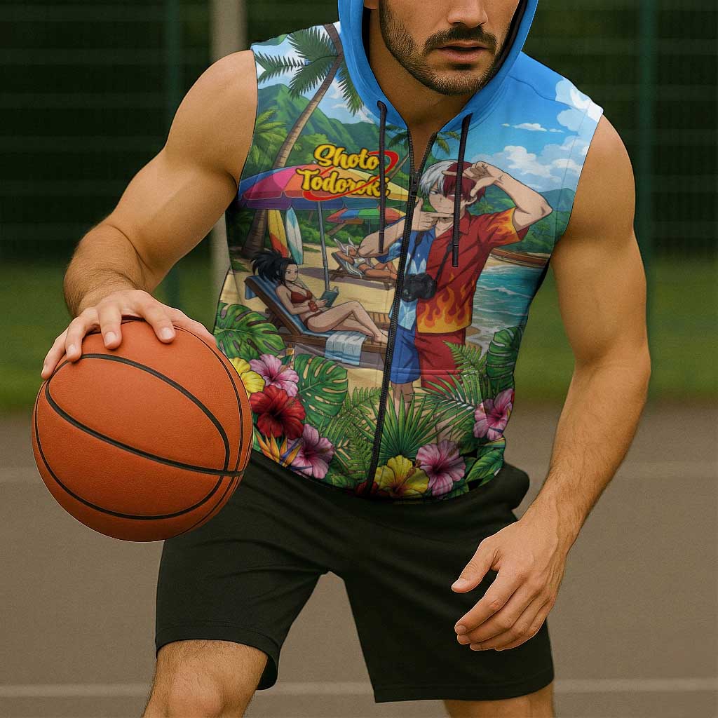 Shoto Todoroki Summer Chill Sleeveless Zip Hoodie Tropical Anime Leisure Scene