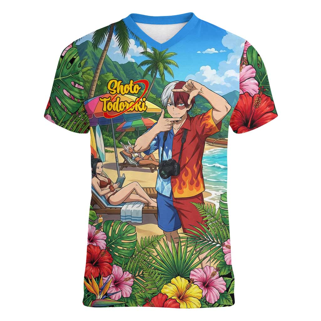 Shoto Todoroki Summer Chill Women V-Neck T-Shirt Tropical Anime Leisure Scene