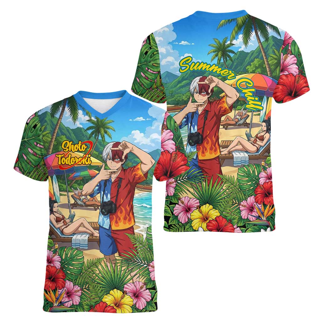 Shoto Todoroki Summer Chill Women V-Neck T-Shirt Tropical Anime Leisure Scene