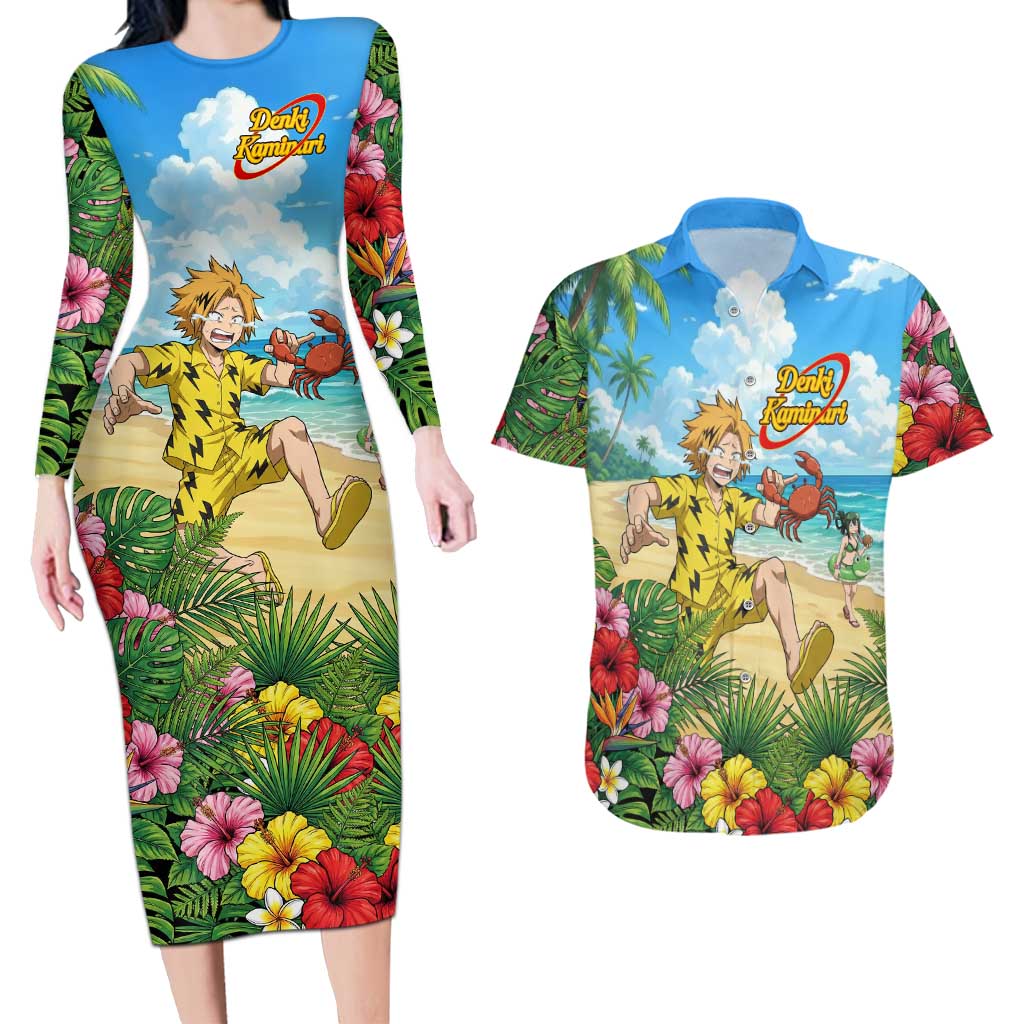 Denki Kaminari Summer Chill Couples Matching Long Sleeve Bodycon Dress and Hawaiian Shirt Tropical Anime Comedy Scene