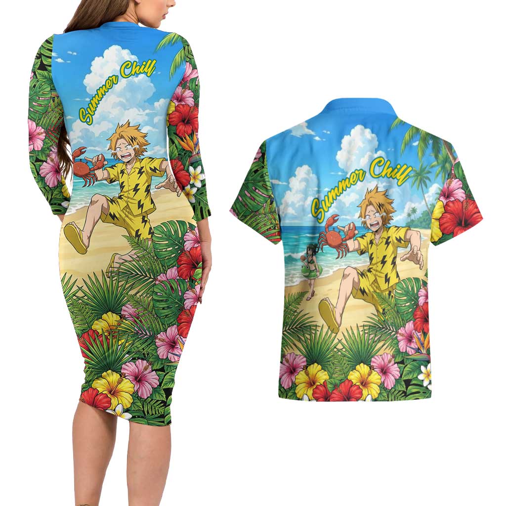 Denki Kaminari Summer Chill Couples Matching Long Sleeve Bodycon Dress and Hawaiian Shirt Tropical Anime Comedy Scene