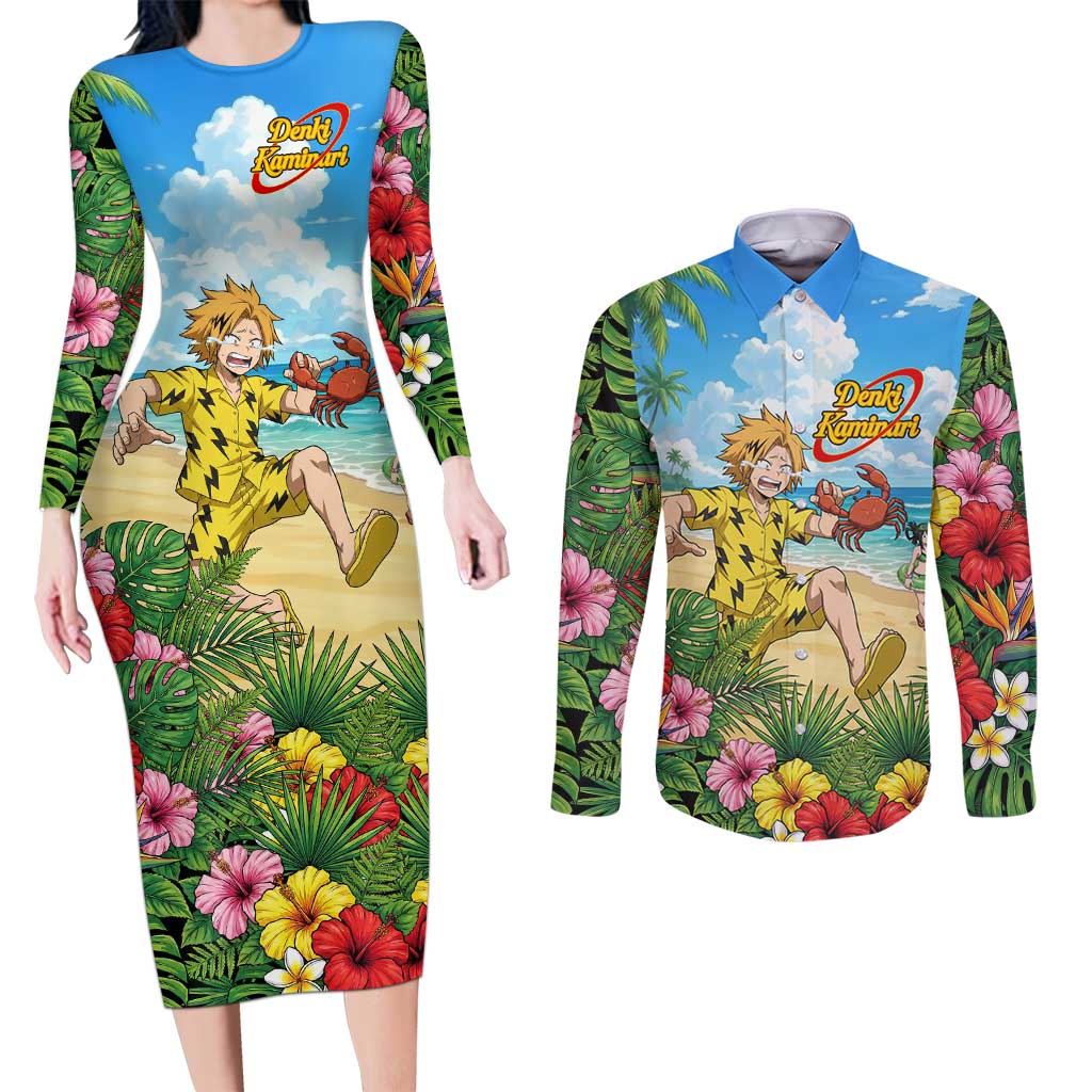 Denki Kaminari Summer Chill Couples Matching Long Sleeve Bodycon Dress and Long Sleeve Button Shirt Tropical Anime Comedy Scene