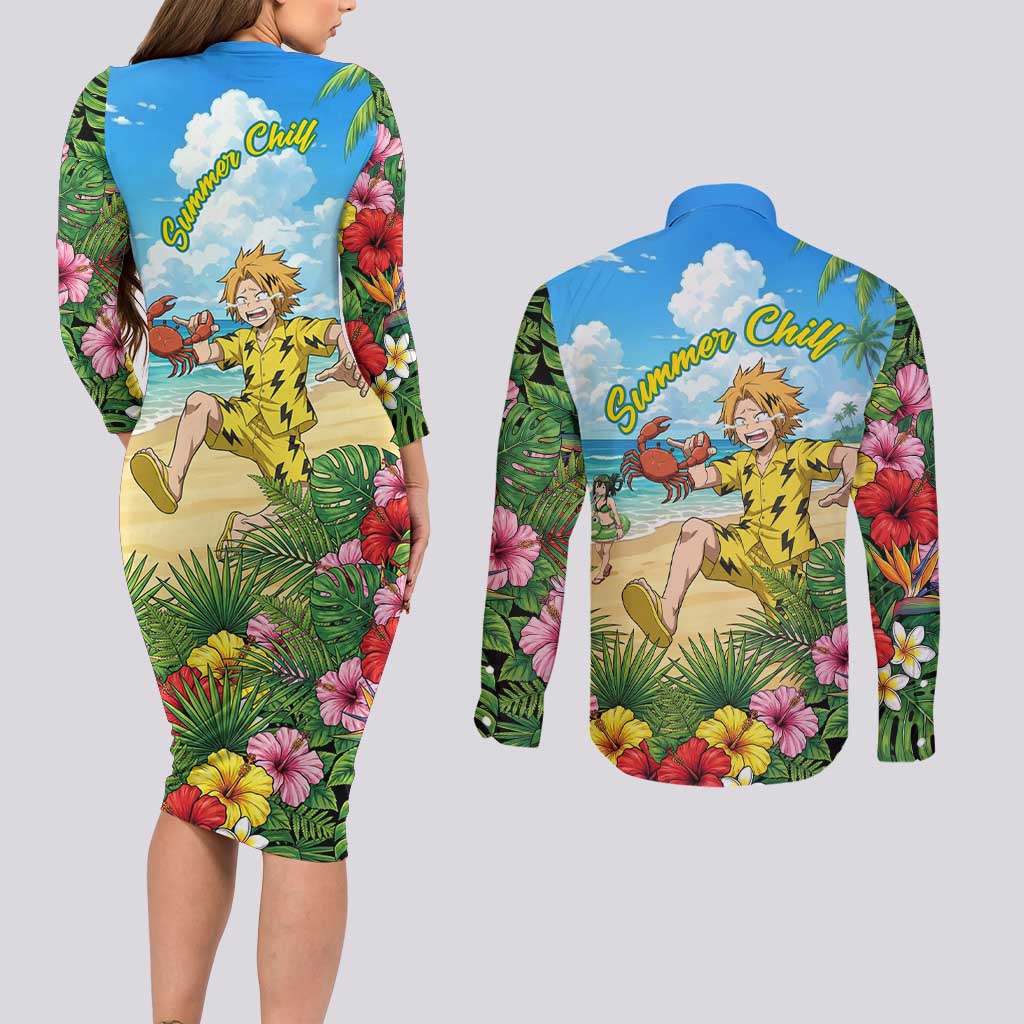 Denki Kaminari Summer Chill Couples Matching Long Sleeve Bodycon Dress and Long Sleeve Button Shirt Tropical Anime Comedy Scene