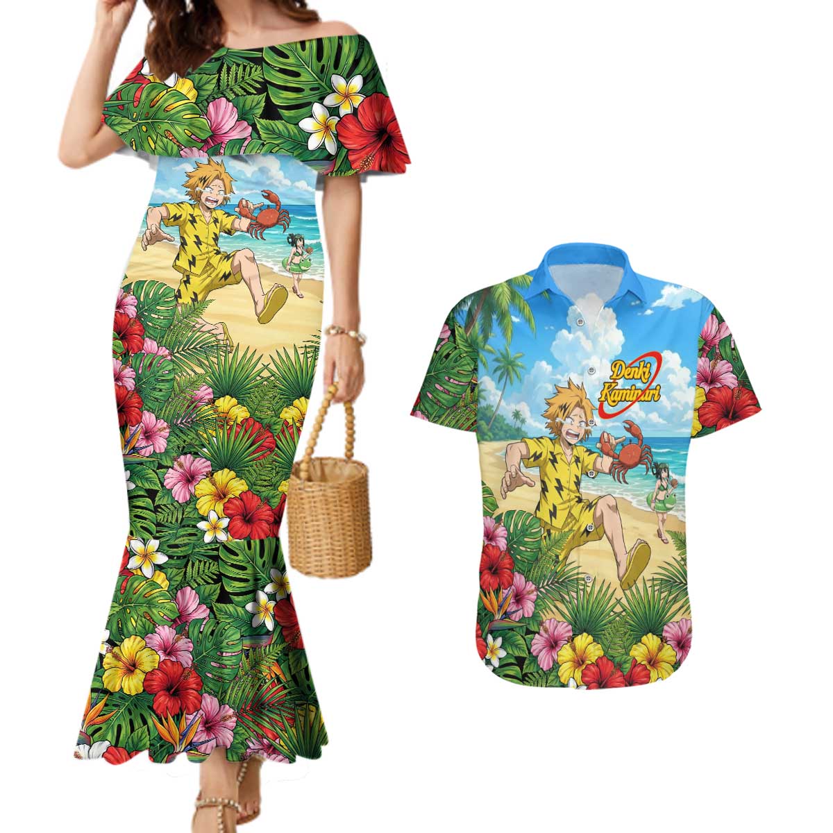 Denki Kaminari Summer Chill Couples Matching Mermaid Dress and Hawaiian Shirt Tropical Anime Comedy Scene