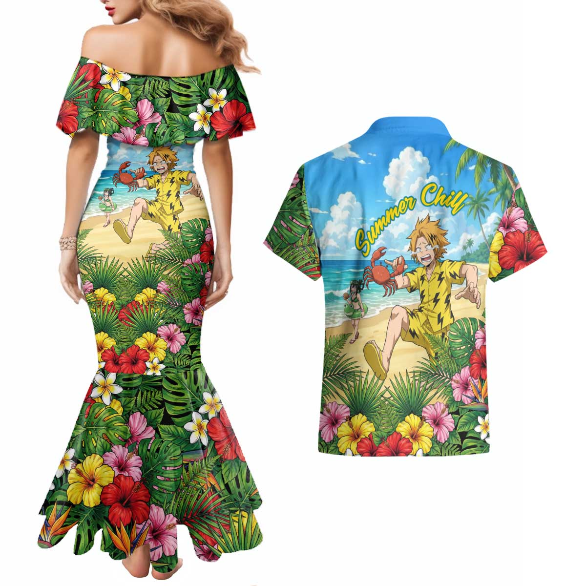 Denki Kaminari Summer Chill Couples Matching Mermaid Dress and Hawaiian Shirt Tropical Anime Comedy Scene